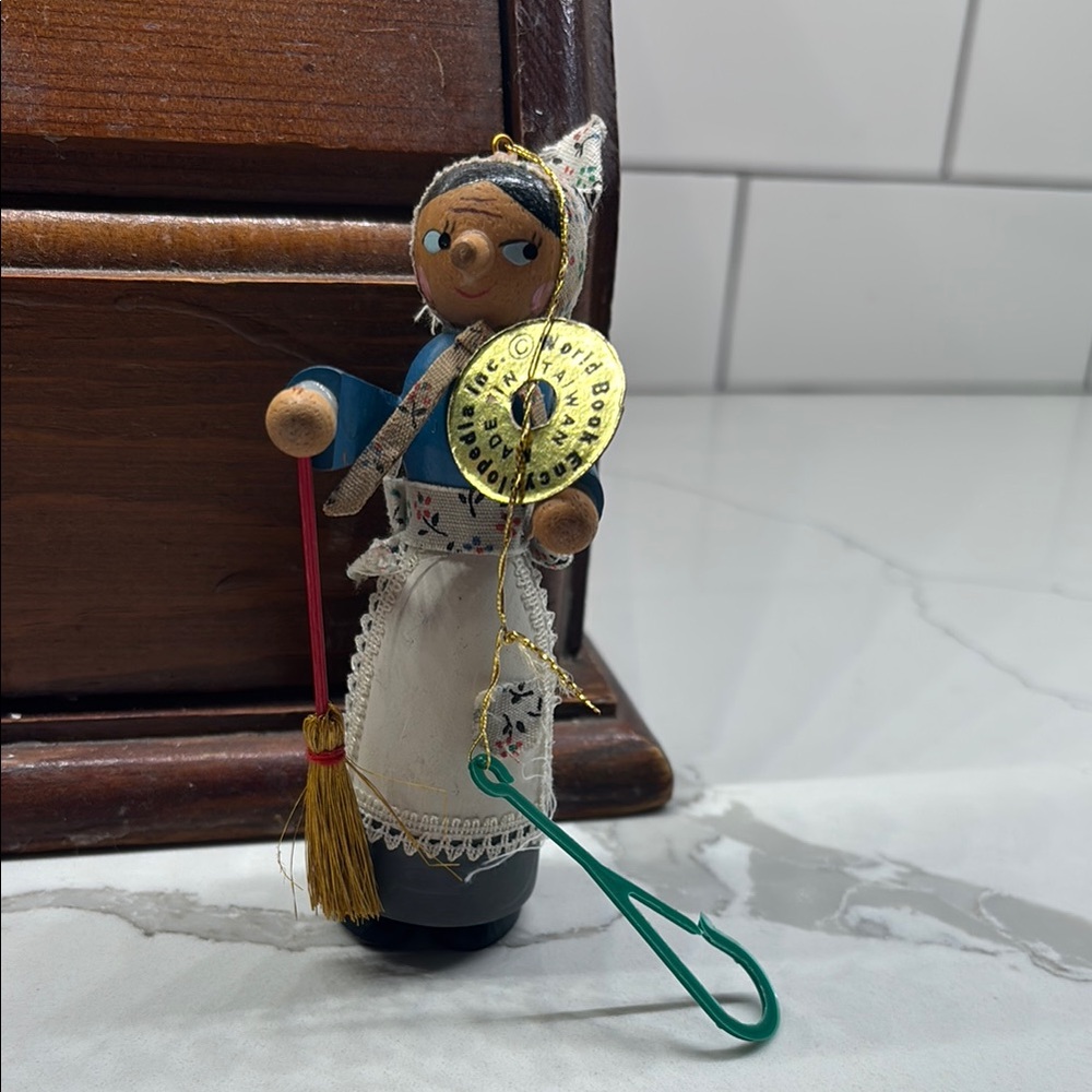 Vintage German Folk Art ornament woman with broom/housemaid